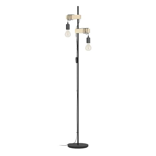 Eglo Lampadaire Townshend à 2 têtes, design industriel en bois et acier noir