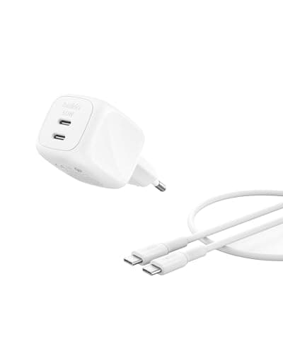 Belkin SmartProtect Chargeur Secteur GaN 2 Ports USB-C 50W Blanc + Câble 1m