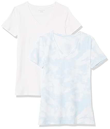 Amazon Essentials Lot de 2 T-shirts col en V manches courtes femme Blanc et Bleu Tie-dye XS