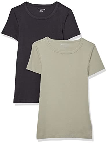 Amazon Essentials Lot de 2 T-shirts femme col rond manches courtes coupe ajustée Noir et Vert Sauge Taille L
