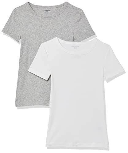 Amazon Essentials T-Shirt Col Rond à Manches Courtes Coupe Ajustée Femme, Lot de 2, Blanc/Gris Clair Chiné, S