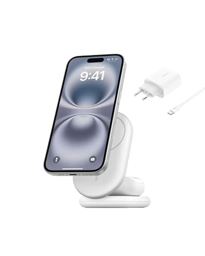 Belkin BoostCharge Socle de Recharge 2-en-1 aimanté et Pliable Qi2, 15W, Compatible MagSafe Chargeur sans Fil, Recharge Rapide, Apple iPhone 17, iPhone Air, Pixelsnap, Adaptateur Inclus - Blanc