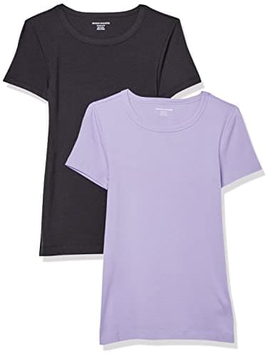 Amazon Essentials T-Shirt Col Rond à Manches Courtes Coupe Ajustée Femme, Lot de 2, Noir/Lavande, M