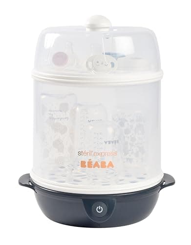 BÉABA, Stérilisateur Biberons 2 en 1, Evolutif, Électrique à Vapeur, 2 en 1, 2 Compartiments, Jusqu'à 8 biberons & Accessoires, Ultra rapide, Minuterie, Stéril'Express, Night Blue