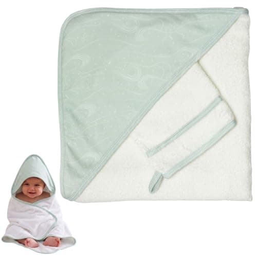Trois Kilos Sept Cape de bain bébé 70x70 cm avec capuche et gant Motif Vagues Coton Blanc