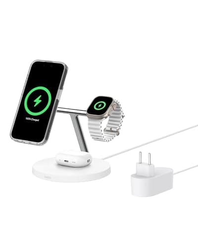 Belkin BoostCharge Station de Recharge Sans Fil 3-en-1 Qi2 MagSafe Blanc avec Adaptateur
