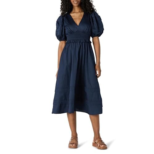 Amazon Essentials Robe Mi-Longue en Satin de Coton à Manches Bouffantes et Col en V, Coupe Ajustée et Évasée Femme, Bleu Marine, S