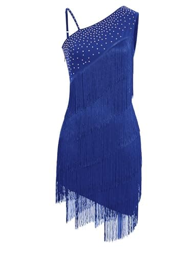 EFOGEP Robe de danse latine asymétrique à strass et paillettes Femme Bleu Taille L