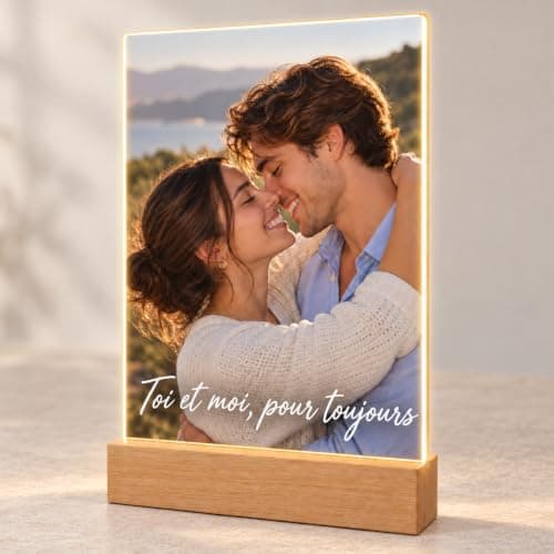 Lampe Personnalisée avec Photo et Message sur Acrylique Socle en Bois