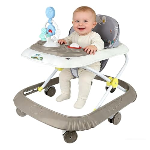 OHMG Trotteur 4 en 1 Pliable pour Bébé avec Plateau Interactif et Roues en Silicone Kaki