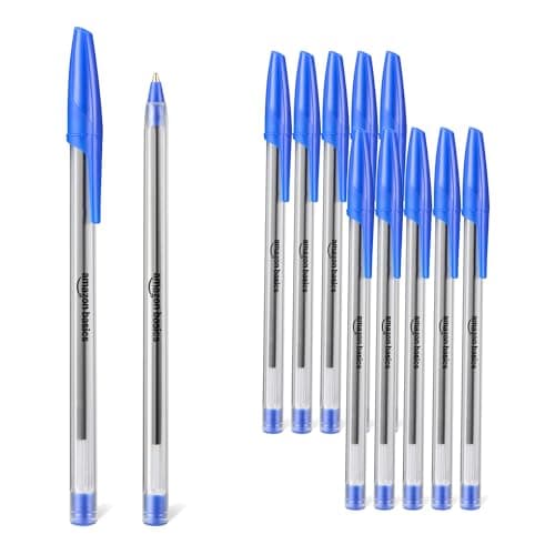 Amazon Basics Lot de 12 stylos à bille séchage rapide pointe 1,0mm bleu