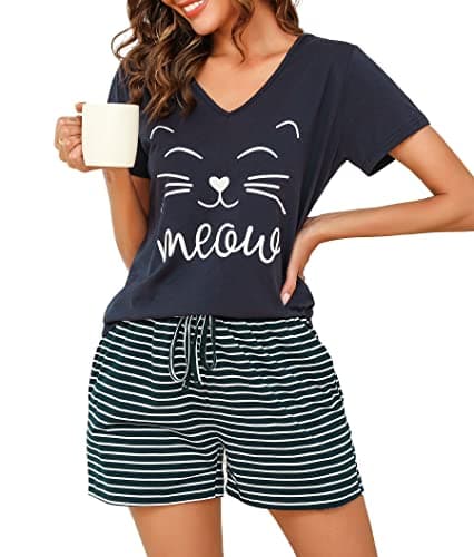 Lovasy Ensemble de pyjama court en coton pour femme Bleu Marine Taille M
