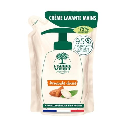 L'Arbre Vert Bien-être Recharge Crème Lavante Mains Parfum Amande douce - Hypoallergénique et pH Neutre - 95% d'ingrédients d'origine naturelle - 300 mL
