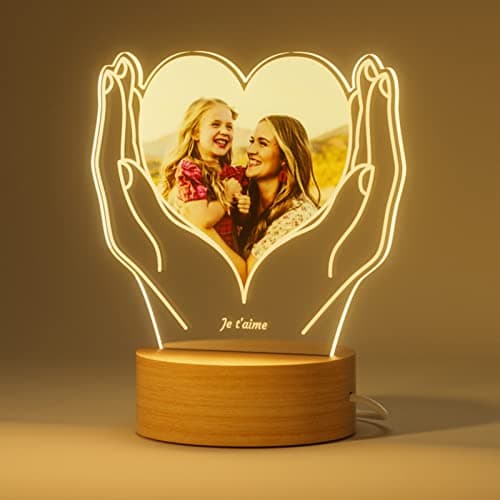 Bemaystar Lampe Photo Personnalisée Cœur, Cadre Photo LED 15x5x25cm
