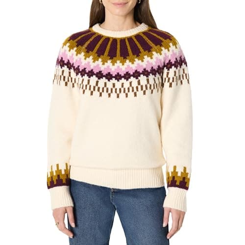 Amazon Essentials Pull à Col Rond Fair Isle, Coupe Surdimensionnée Femme, Blanc Crème Caramel Tricot À Chevrons, L
