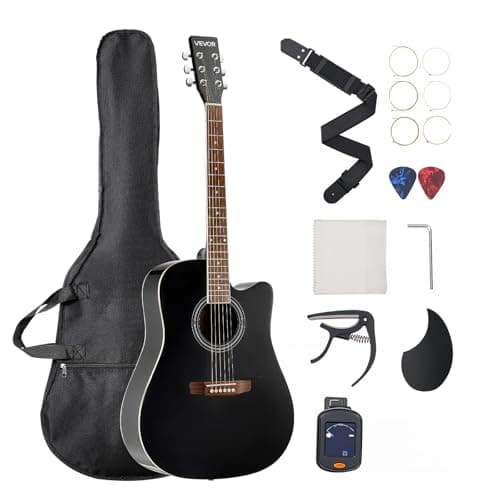 VEVOR Guitare Acoustique Pan Coupé 6 Cordes, 103 cm, Table Épicéa Massif Noir, Fond Acajou, Touche Palissandre, avec Housse, Accordeur, Sangle, Médiators, Capodastre, pour Fingerpicking, Solos, Jazz