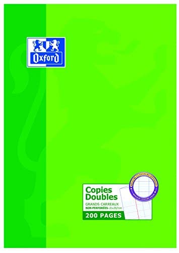 OXFORD Copies Doubles Non Perforées A4 Grands carreaux Seyès 200 Pages, Etui Carte Vert.