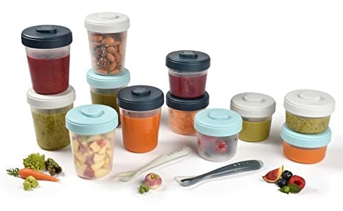 BÉABA, Lot de 12 Portions Conservation et 2 Cuillères Silicone, Clip, Pots empilables et emboîtables, 100% hermétique, Graduation, Congélation, Lait Maternel (2x90 ml & 4x150 ml & 6x250ml), Storm