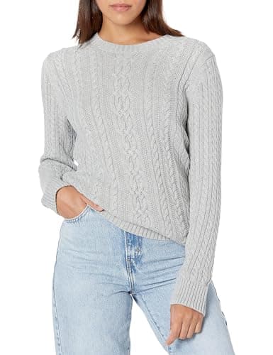 Amazon Essentials Pull Fisherman à manches longues et col rond pour femme (disponible en grande taille), gris clair chiné, taille XS