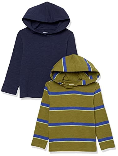 Amazon Essentials Lot de 2 T-shirts légers à capuche et manches longues Garçon Bleu Marine/Vert Rayures 5 ans