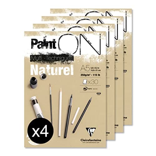 Clairefontaine Bloc collé PaintON Multi-techniques A5 14,8x21 cm 250g Naturel Lot de 4