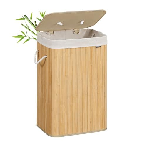 SONGMICS Panier à Linge avec Couvercle 72 L en Bambou Pliable