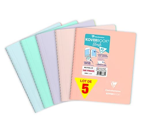 Clairefontaine 366781C Lot de 5 Cahiers à Spirale Koverbook Blush - A5 14,8x21 cm - 160 Pages Lignées - Papier Blanc 90 g - Couverture Enveloppante Polypro Opaque - Couleurs Aléatoires