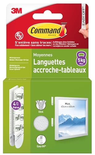 Command Languettes Accroches Tableaux Moyen Modèle - 4 Paires (8 Languettes) Blanc - Supporte jusqu'à 5 kg - Sans Outils - Fixation sans Dommages