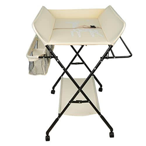 Table à langer pliante réglable en hauteur avec panier et roues (Beige)