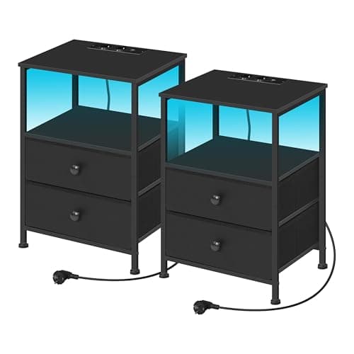 WOLTU Tables de Chevet avec Prises, Lot de 2, avec Éclairage LED, Noire