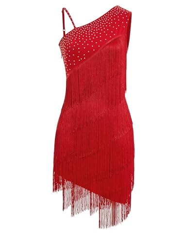 EFOGEP Robe de danse latine asymétrique à strass et paillettes Rouge XL