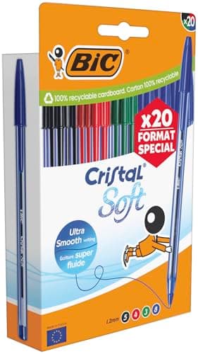 BIC Stylos-bille Cristal Soft Pointe Moyenne 1,2 mm Édition Spéciale Couleurs Assorties Boîte de 20