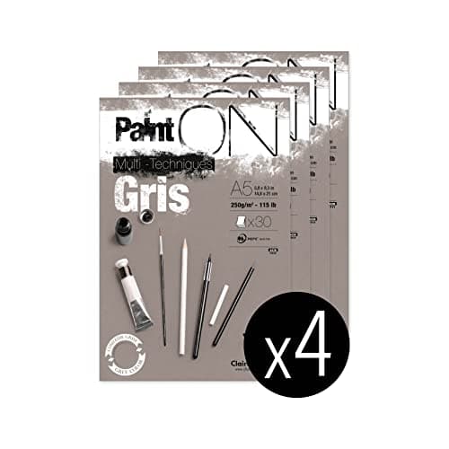 Clairefontaine Bloc collé PaintON Multi-techniques Gris A5 14,8x21 cm 250g - Lot de 4