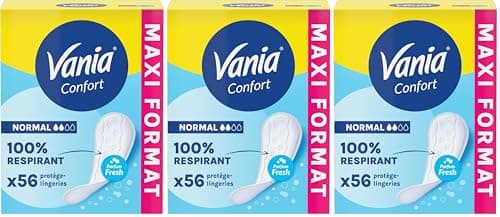 Vania | Protège-Slips Confort Normal Parfum Fresh (boîte de 56 pièces) – Protège-lingeries 100% respirant et confortables – Protection hygiénique avec ajustement parfait et tenue optimale (Lot de 3)