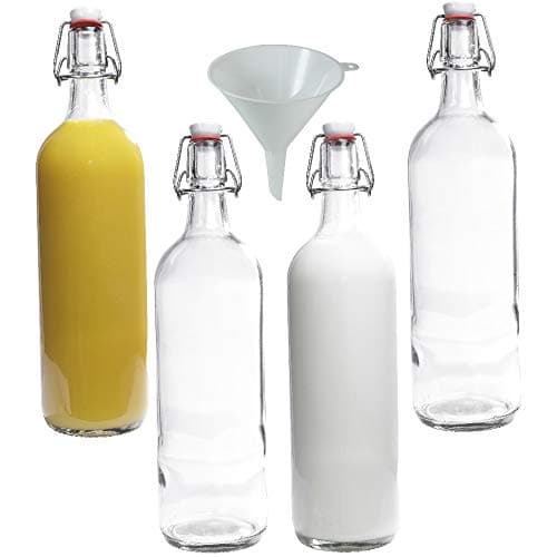 Lot de 4 bouteilles carafes à eau en verre transparent 1 L avec bouchon mécanique et entonnoir