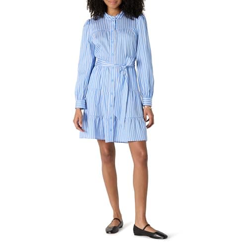 Amazon Essentials Robe Chemise à Volants en Satin de Coton, Coupe Classique Femme, Bleu Blanc Rayures, XXL