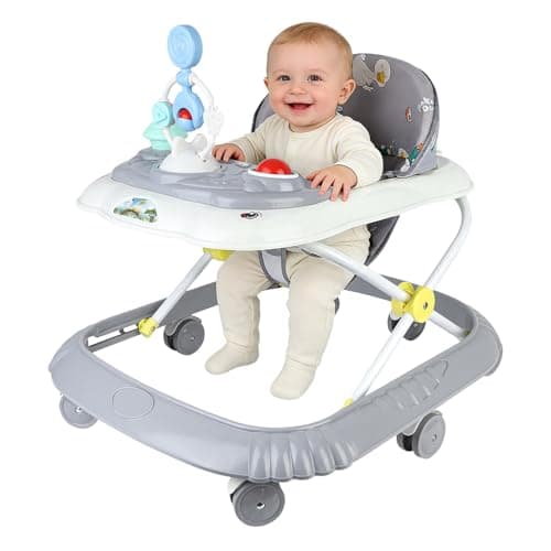 OHMG Trotteur 4 en 1 Pliable pour Bébé Gris avec Plateau Interactif