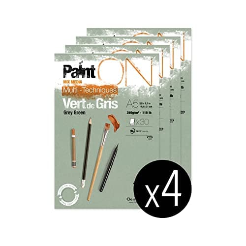 Clairefontaine Lot de 4 blocs de papier dessin PaintON A5 14,8x21 cm 250g Vert de Gris 30 feuilles