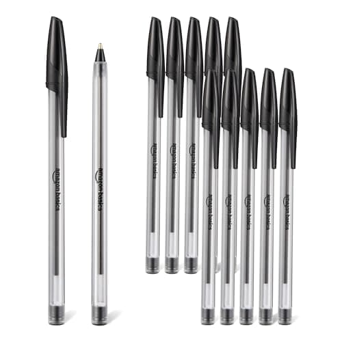 Amazon Basics Stylos à Bille Pointe Moyenne 1,0 mm Noir Lot de 12
