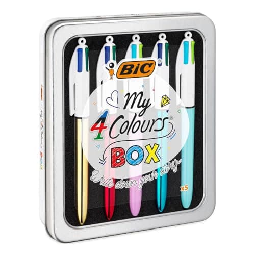 BIC Lot de 5 stylos à bille rétractables 4 Couleurs pointe 1 mm en boîte métallique