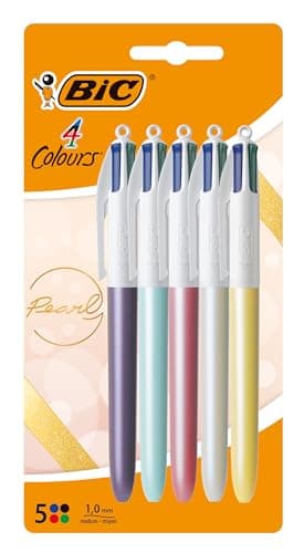 BIC Stylo-Bille 4 Couleurs Pearl Pointe Moyenne 1 mm Couleurs Assorties Blister de 5