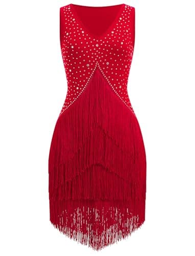EFOGEP Robe femme style danse latine vintage 1920 sans manches strass franges Gatsby Noir
