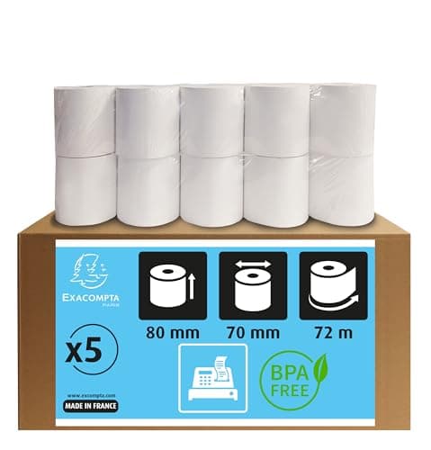 Exacompta - Réf. 43706E - Lot de 5 bobines pour tickets de caisse - largeur 80 mm x diamètre 70 mm - mandrin 12 mm - 1 pli thermique 48g/m² sans BpA - Métrage (+ ou - 2m) : 72 m - Blanc