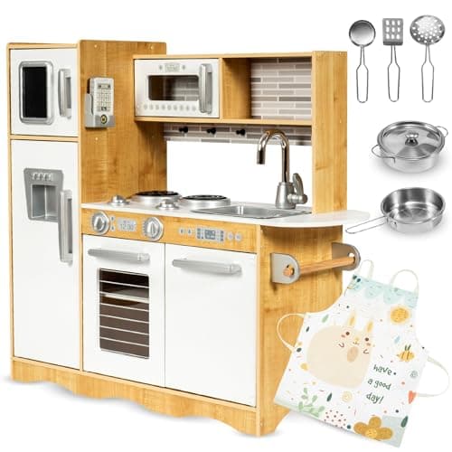 Mamabrum Cuisine Enfant en Bois avec LED, Frigo, Four, Ustensiles et Tableau Noir