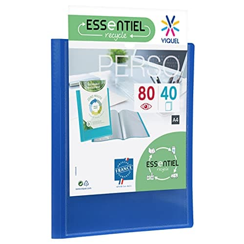 Viquel - Protège-Documents A4 Bleu 80 Vues ESSENTIEL RECYCLE – Porte-Vues 40 Pochettes – Personnalisable – Idéal École, Bureau et Classement – Fabriqué en France - Bleu