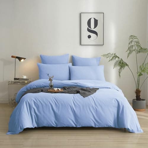 Luowei Parure de lit 3 pièces 200 x 220 cm en coton bleu clair - Housse de couette 3 pièces - 100 % coton lavé - Confortable et respirant - Certifié Oeko-Tex - Avec fermeture éclair et 2 taies