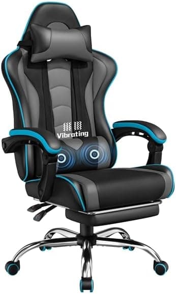 Yaheetech Chaise Gaming Ergonomique Massante avec Repose-Pieds Inclinable Rembourré en Similicuir, Fauteuil de Bureau avec Appui-tête et Support Lombaire Roues Pivotantes Gris