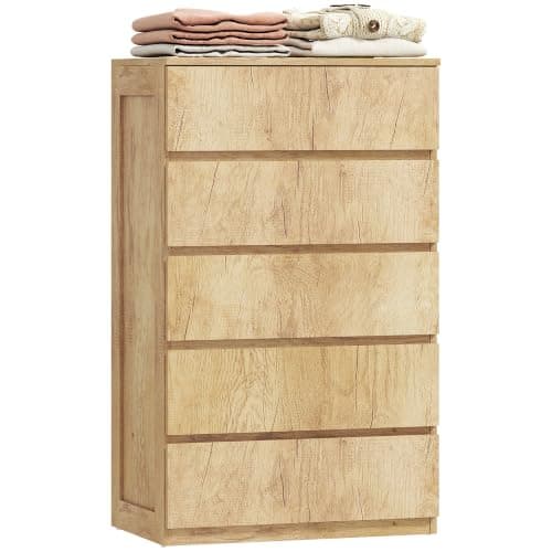 HOMCOM Commode 5 Tiroirs Étroit sans Poignées 60 x 39 x 100 cm Bois Naturel