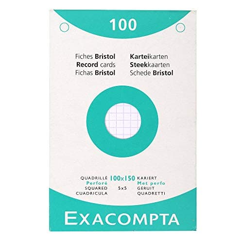 Exacompta Étui de 100 fiches bristol quadrillées 5x5 perforées 100 x 150 mm Blanc