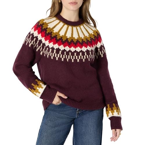 Amazon Essentials Pull à Col Rond Fair Isle, Coupe Surdimensionnée Femme, Bordeaux Foncé Blanc Crème Tricot À Chevrons, XL